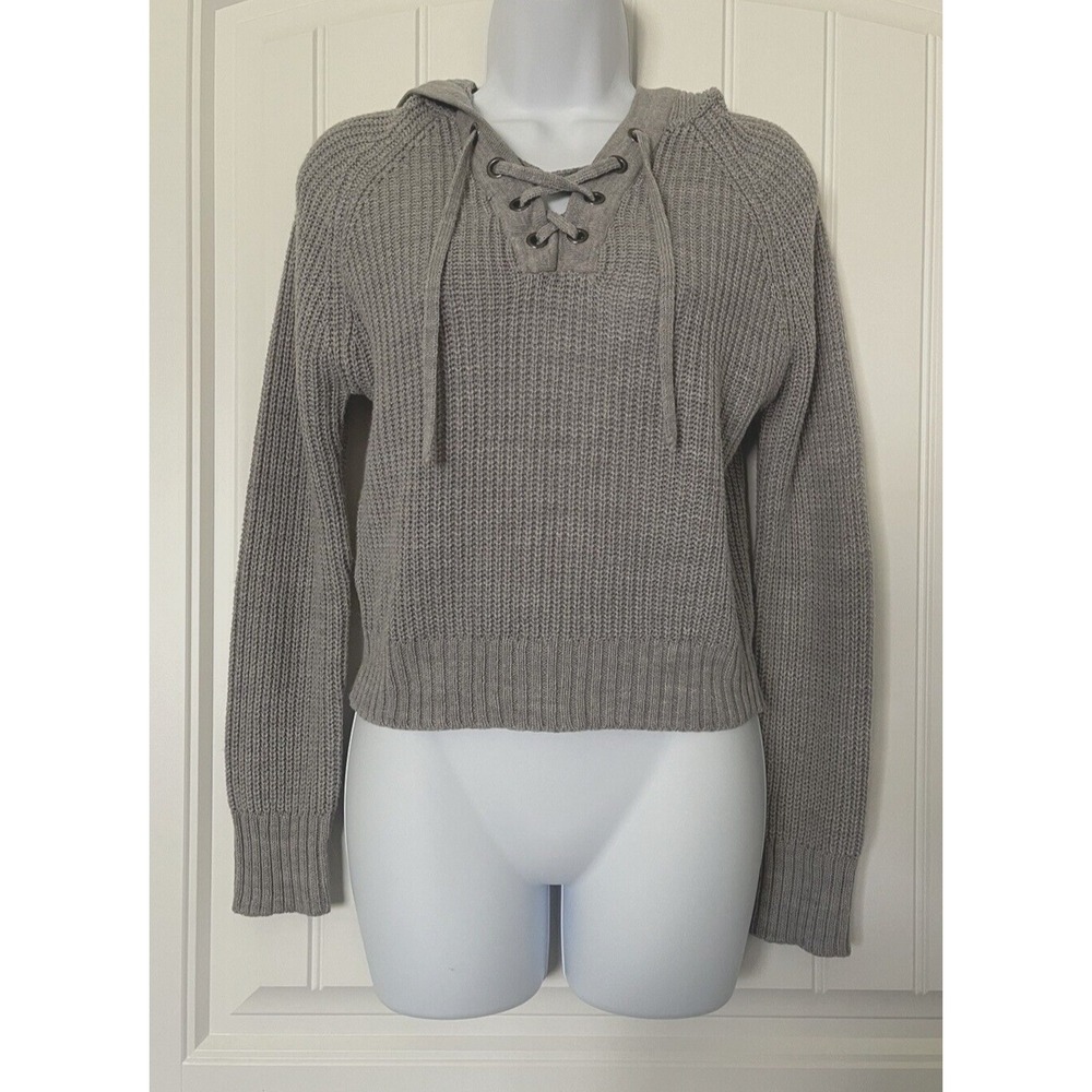 Womens Chunky Knit Hooded Sweater Gray Long Sleeve Size Small